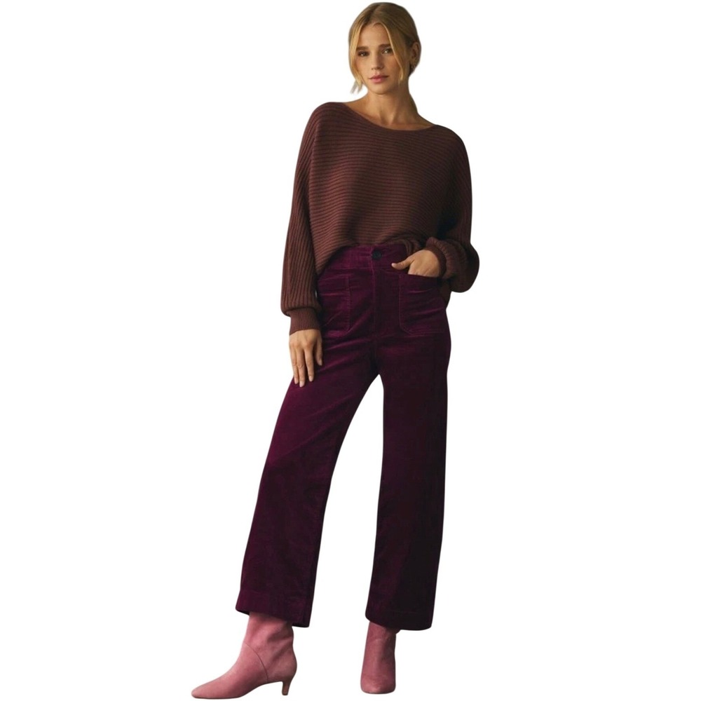 Anthropologie Pilcro The Colette Corduroy Wide-Leg Crop Pants Burgundy Red 24